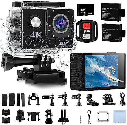 ACProPlus Action Camera 4K 30FPS Sports Camera, 170° Wide-Angle 30M Waterproof Underwater Camera with 2.4G Remote Control, Built-in WiFi, 2 Batteries, 32G SD Card and Helmet Mount Accessories Kits
