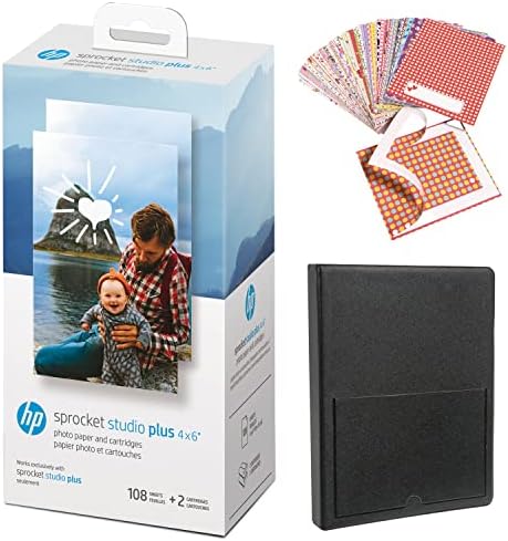 HP Sprocket Studio Plus 4×6 WiFi Printer Print from Your iOS & Android Device – Starter Bundle: Includes 108 Sheets and 2 Cartridges, Sticker Frames, Photo Album