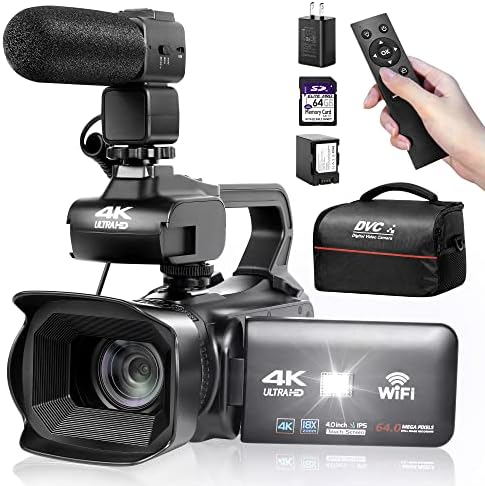 UHD 4k Video Camera Camcorder with 18X Digital Zoom,64MP Digital Camera Recorder,4.0-inch Rotating Touchscreen,64GB SD Card,Microphone,Remote Control,Durable Battery(Black)