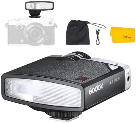 Godox Lux Junior Retro Camera Flash,GN12 6000K±200K CCT,Auto & Manual Modes 1/1-1/64 Flash Power,28mm Focal Length,Compatible with Fujifilm Canon Nikon Olympus Sony Hot-Shoe Cameras